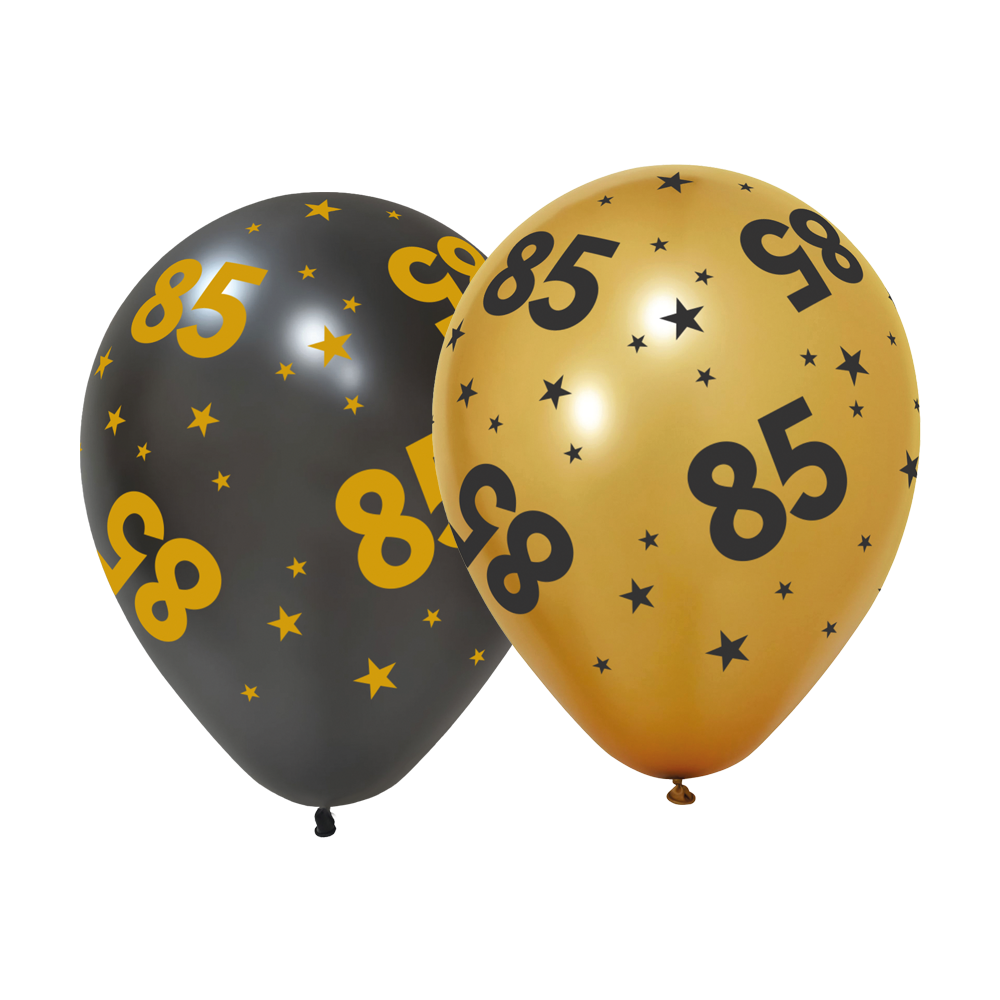 6 Ballonnen goud / zwart 85 jaar - Golden Celebrations
