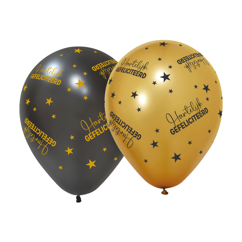 6 Ballonnen goud / zwart 'Hartelijk Gefeliciteerd' - Golden Celebrations