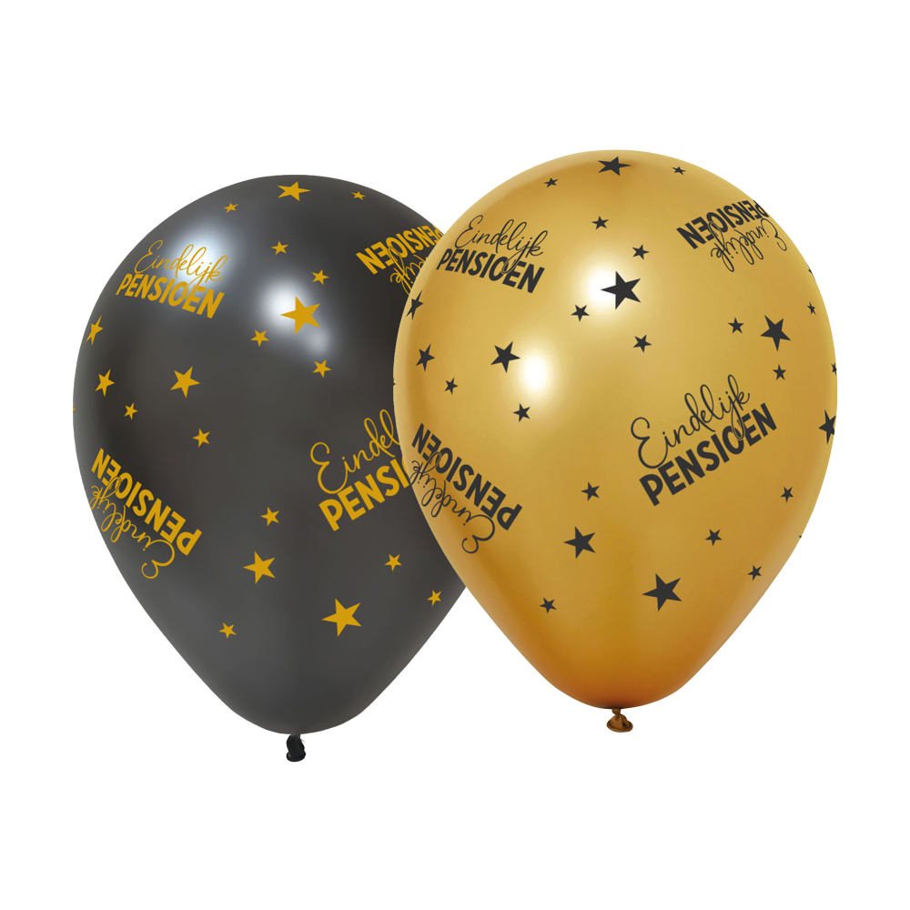 6 Ballonnen goud / zwart 'Eindelijk Pensioen' - Golden Celebrations