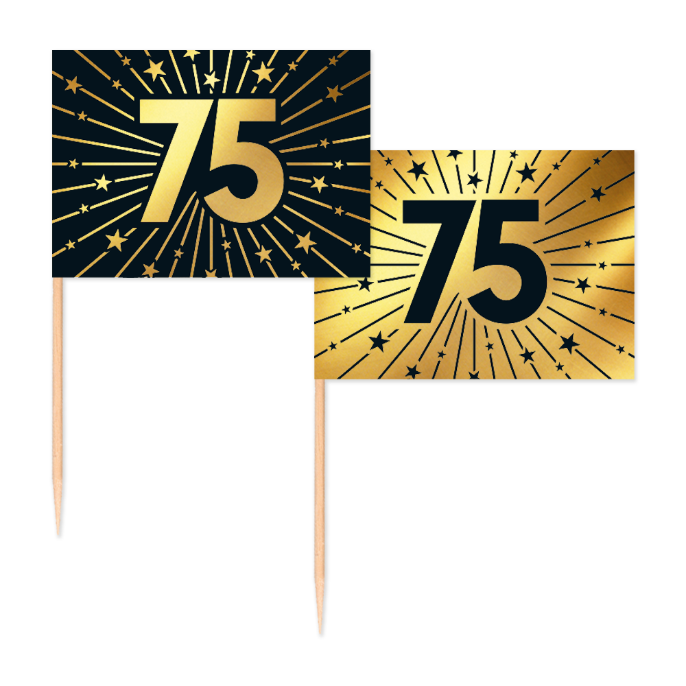 50 Vlagprikkers goud / zwart 75 jaar - Golden Celebrations