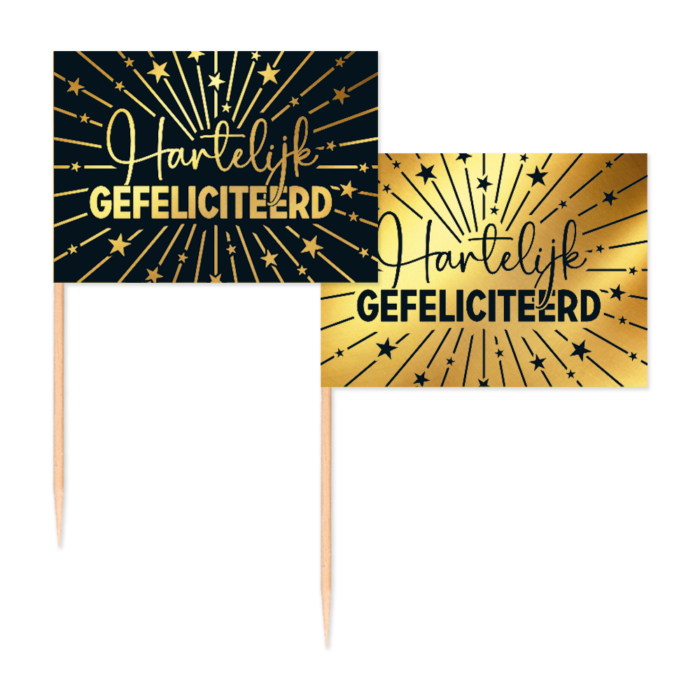 50 Vlagprikkers goud / zwart 'Hartelijk Gefeliciteerd' - Golden Celebrations