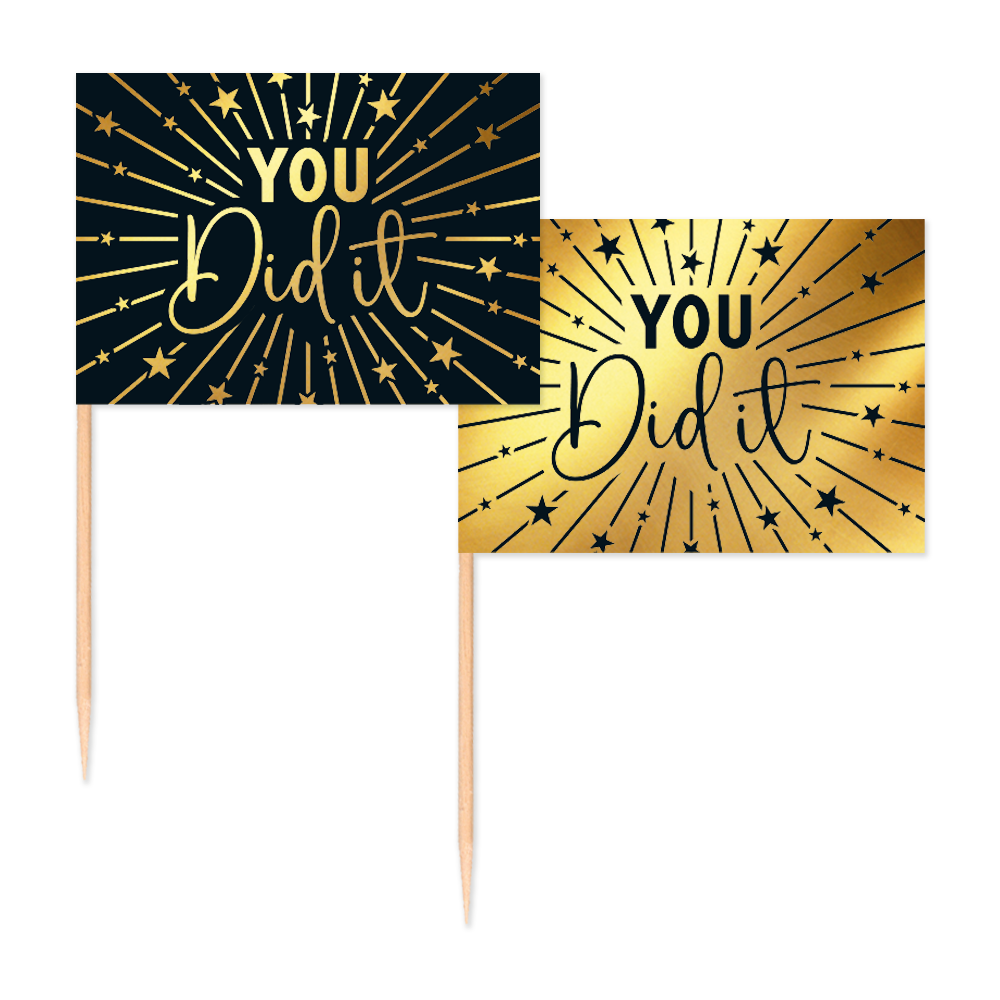 50 Vlagprikkers goud / zwart geslaagd 'You Did It' - Golden Celebrations