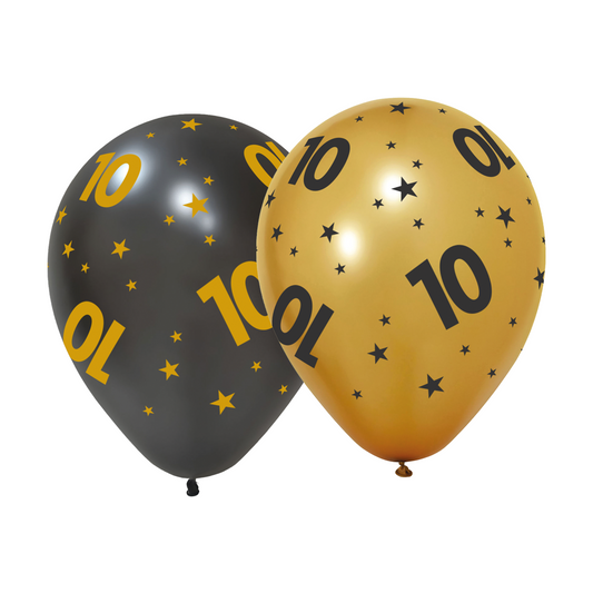 6 Ballonnen goud / zwart 10 jaar - Golden Celebrations