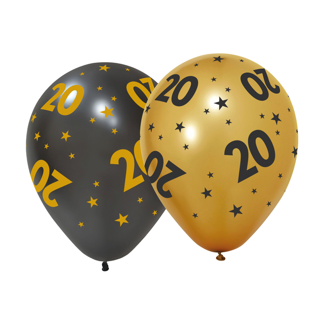 6 Ballonnen goud / zwart 20 jaar - Golden Celebrations