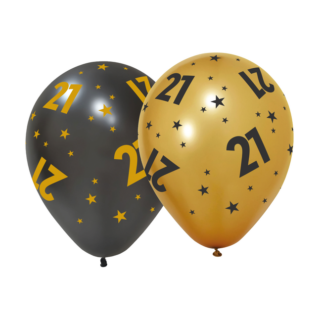 6 Ballonnen goud / zwart 21 jaar - Golden Celebrations