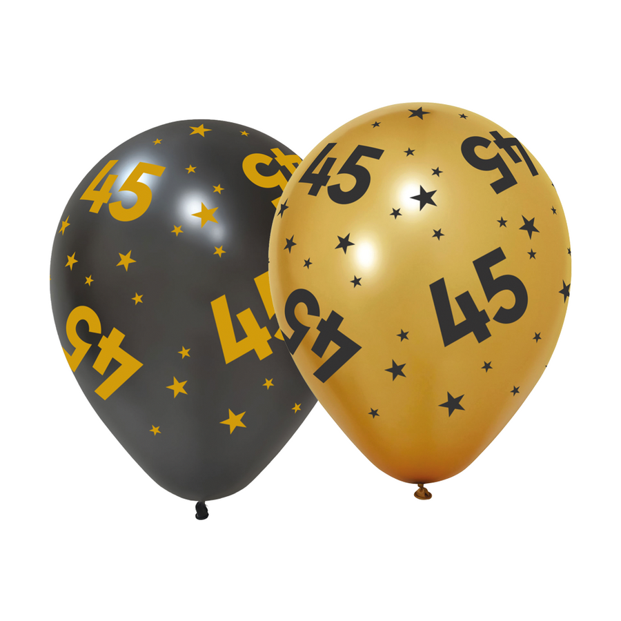 6 Ballonnen goud / zwart 45 jaar - Golden Celebrations