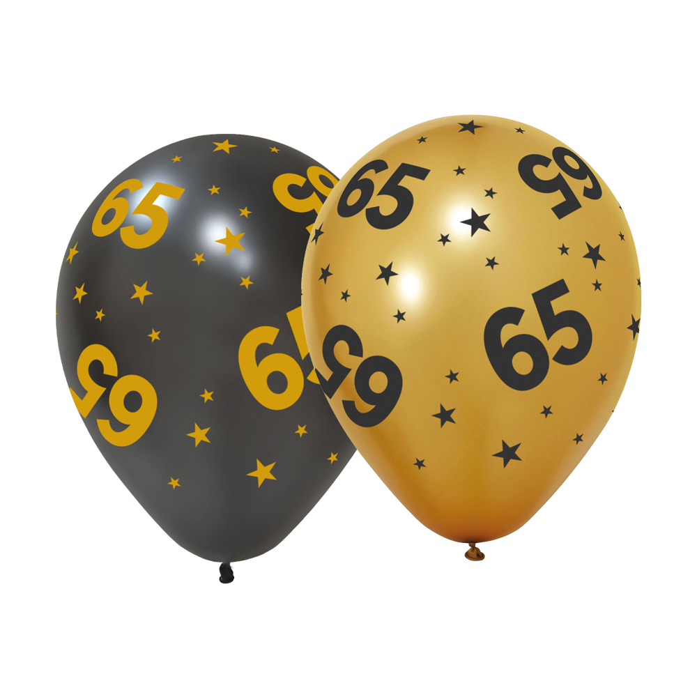 6 Ballonnen goud / zwart 65 jaar - Golden Celebrations