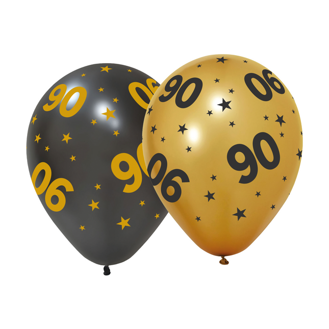 6 Ballonnen goud / zwart 90 jaar - Golden Celebrations