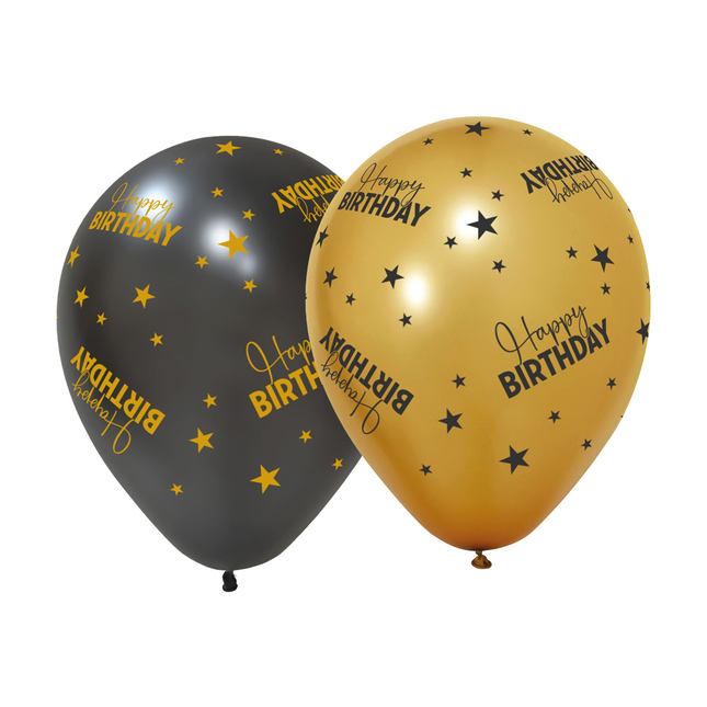 6 Ballonnen goud / zwart 'Happy Birthday' - Golden Celebrations