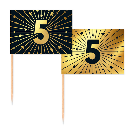 50 Vlagprikkers goud / zwart 5 jaar - Golden Celebrations