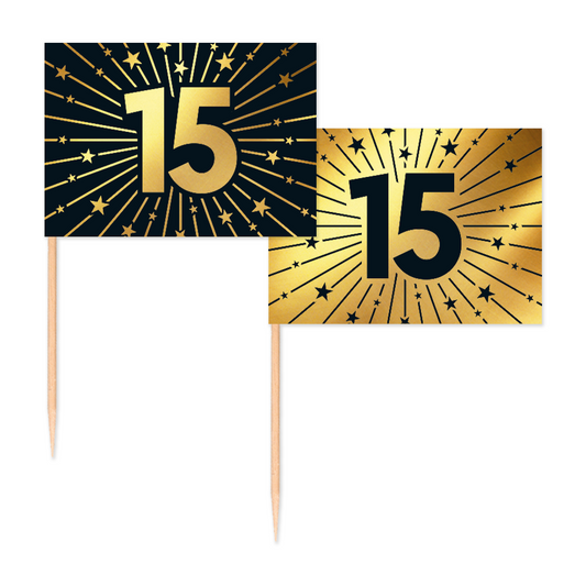 50 Vlagprikkers goud / zwart 15 jaar - Golden Celebrations