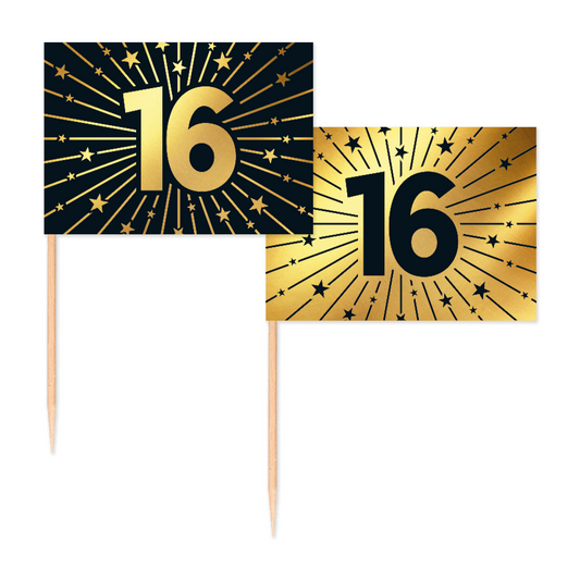 50 Vlagprikkers goud / zwart 16 jaar - Golden Celebrations