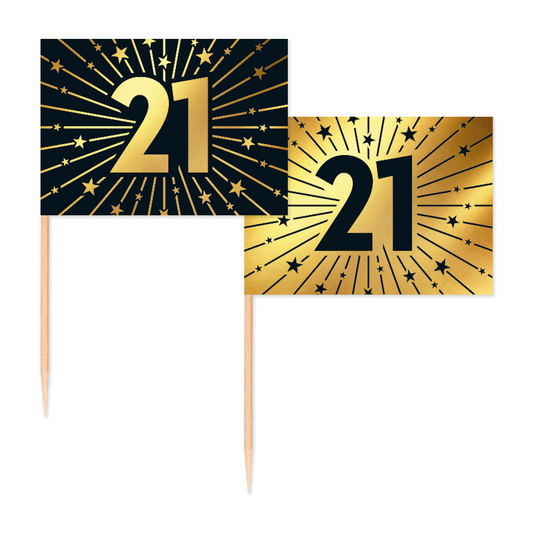 50 Vlagprikkers goud / zwart 21 jaar - Golden Celebrations