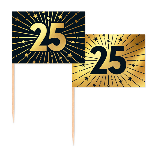 50 Vlagprikkers goud / zwart 25 jaar - Golden Celebrations