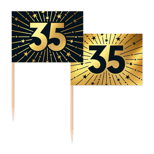 50 Vlagprikkers goud / zwart 35 jaar - Golden Celebrations