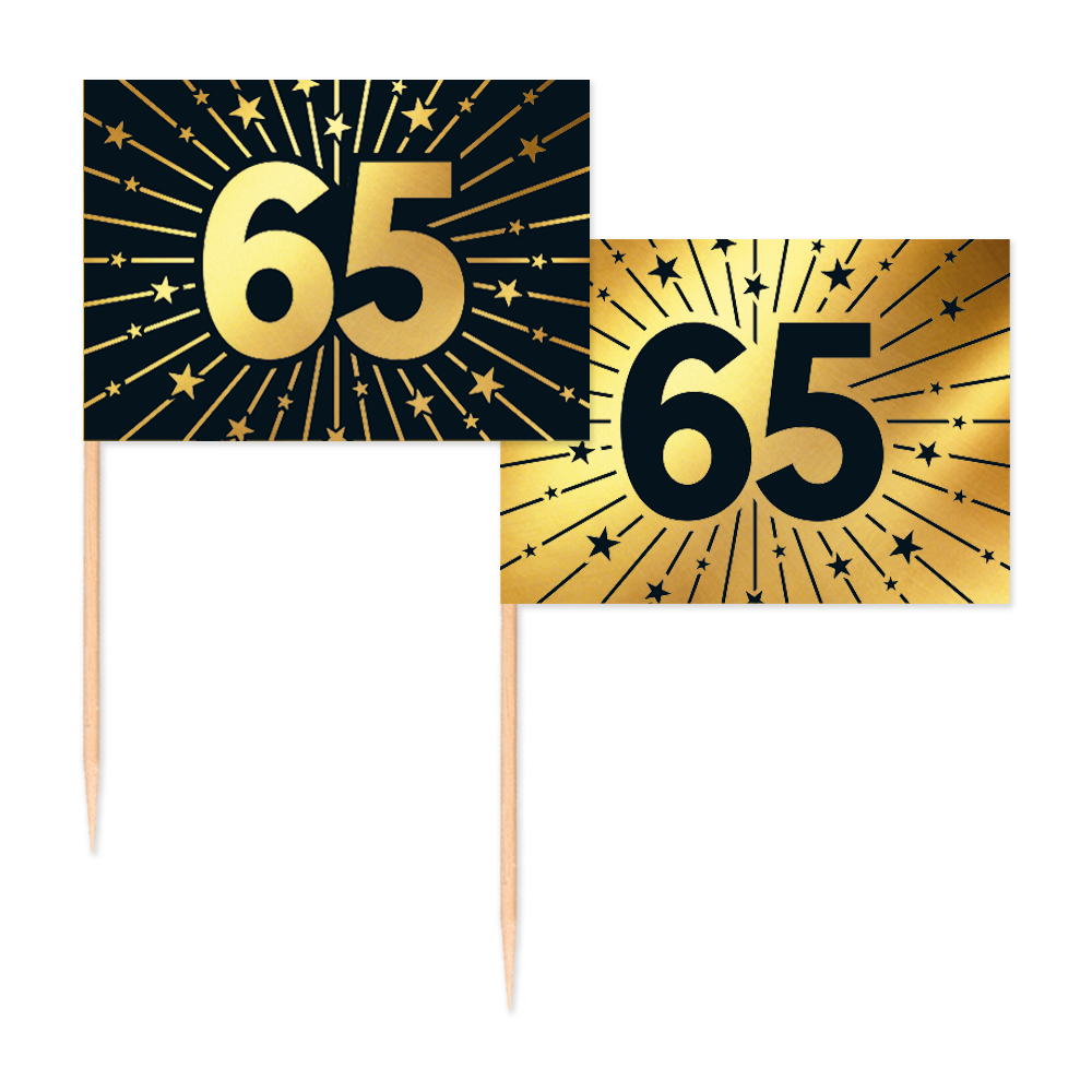 50 Vlagprikkers goud / zwart 65 jaar - Golden Celebrations