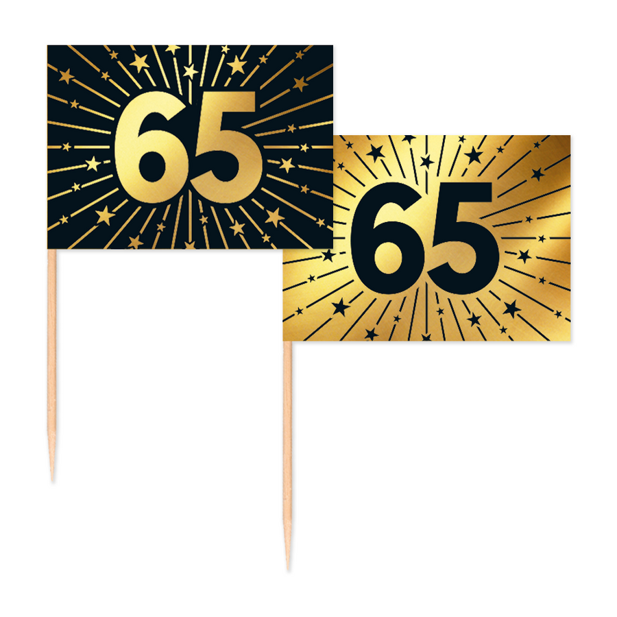 50 Vlagprikkers goud / zwart 65 jaar - Golden Celebrations