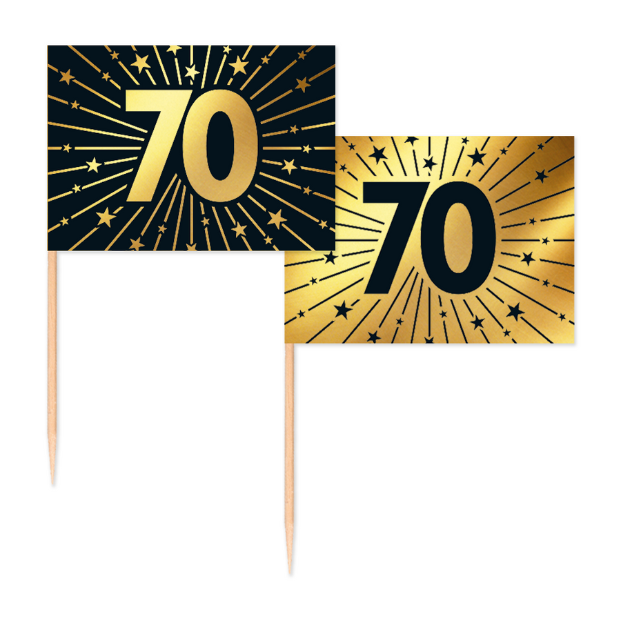 50 Vlagprikkers goud / zwart 70 jaar - Golden Celebrations
