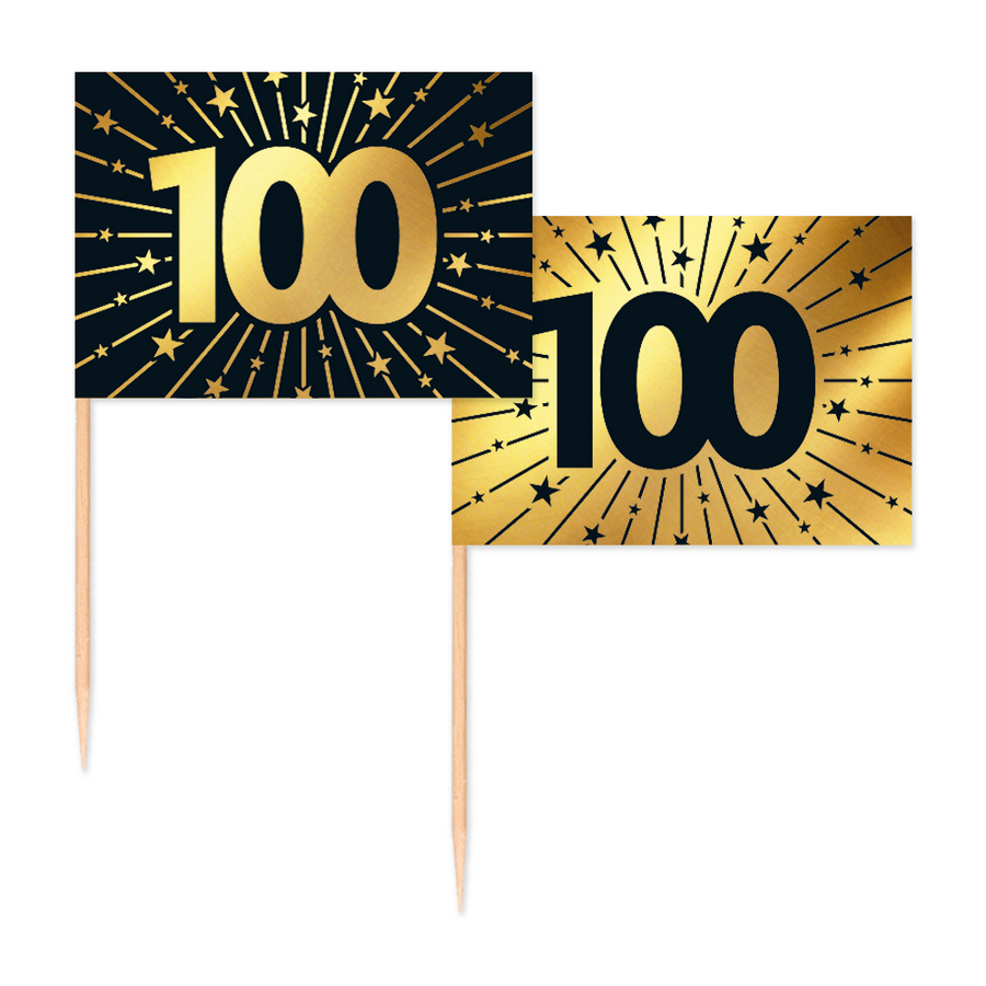50 Vlagprikkers goud / zwart 100 jaar - Golden Celebrations