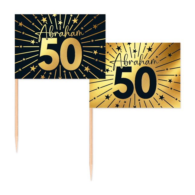 50 Vlagprikkers goud / zwart 50 jaar 'Abraham' - Golden Celebrations