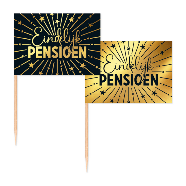50 Vlagprikkers goud / zwart 'Eindelijk Pensioen' - Golden Celebrations