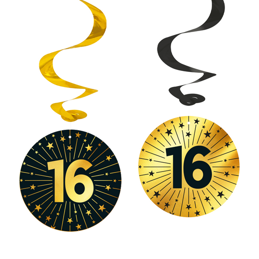 4 Swirls goud / zwart 16 jaar - Golden Celebrations