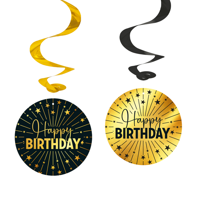 4 Swirls goud / zwart 'Happy Birthday' - Golden Celebrations