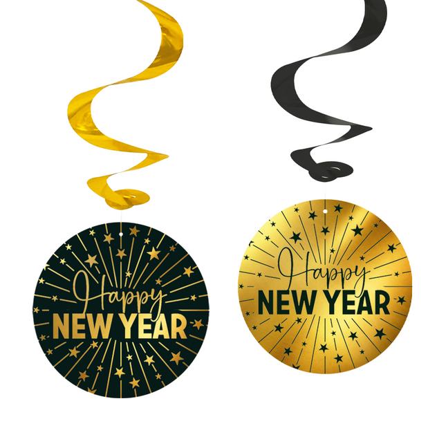 4 Swirls goud / zwart 'Happy New Year' - Golden Celebrations