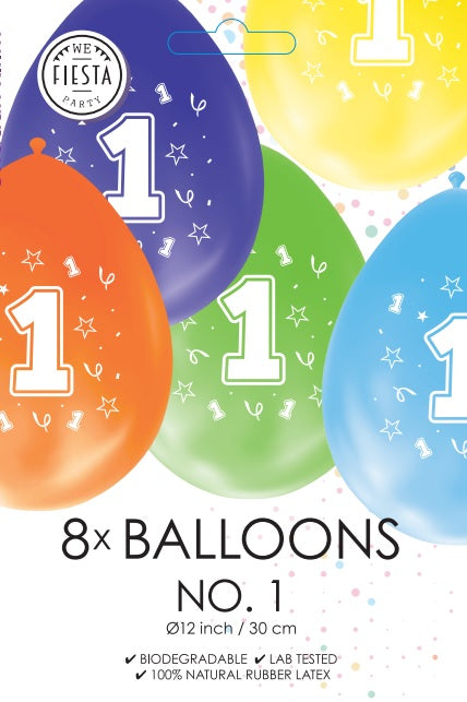 Gekleurde Cijfer Ballonnen 1 Jaar – 8 Stuks (12 Inch / Dubbelzijdig Bedrukt)