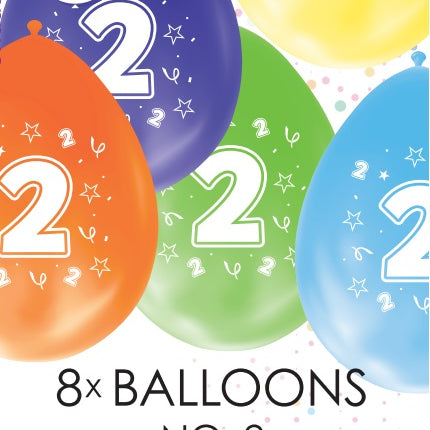 Gekleurde Cijfer Ballonnen 2 Jaar – 8 Stuks (12 Inch / Dubbelzijdig Bedrukt)