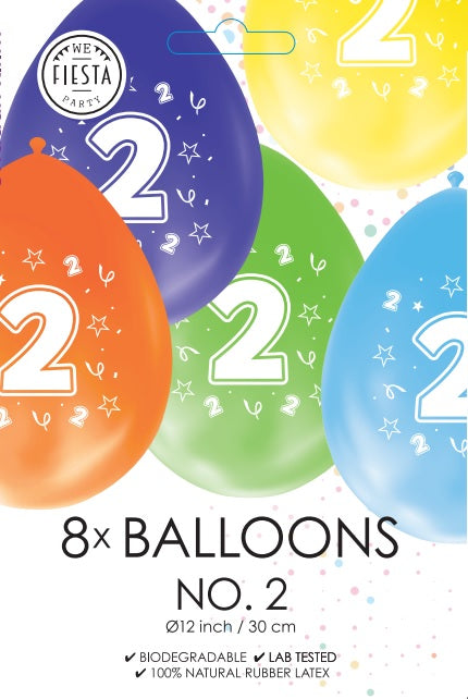 Gekleurde Cijfer Ballonnen 2 Jaar – 8 Stuks (12 Inch / Dubbelzijdig Bedrukt)