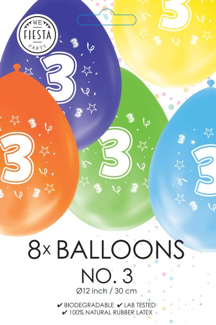 Gekleurde Cijfer Ballonnen 3 Jaar – 8 Stuks (12 Inch / Dubbelzijdig Bedrukt)