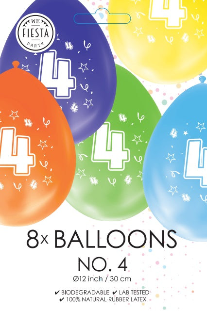 Gekleurde Cijfer Ballonnen 4 Jaar – 8 Stuks (12 Inch / Dubbelzijdig Bedrukt)