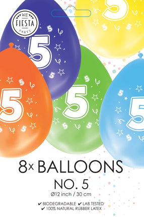 Gekleurde Cijfer Ballonnen 5 Jaar – 8 Stuks (12 Inch / Dubbelzijdig Bedrukt)