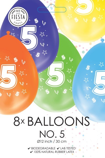 Gekleurde Cijfer Ballonnen 5 Jaar – 8 Stuks (12 Inch / Dubbelzijdig Bedrukt)