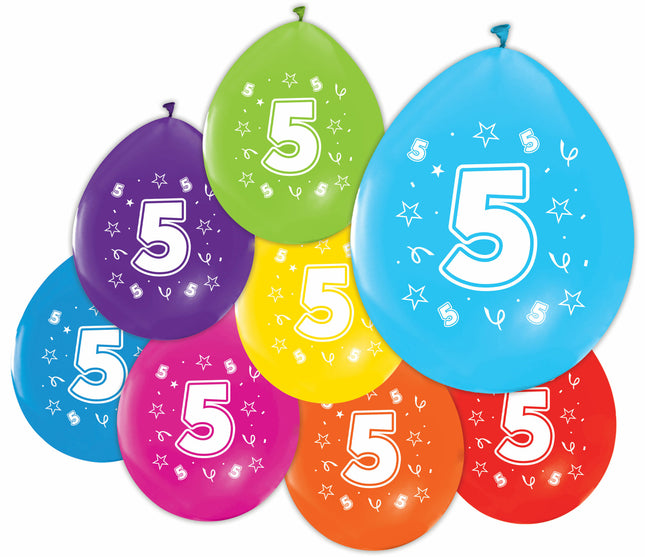 Gekleurde Cijfer Ballonnen 5 Jaar – 8 Stuks (12 Inch / Dubbelzijdig Bedrukt)
