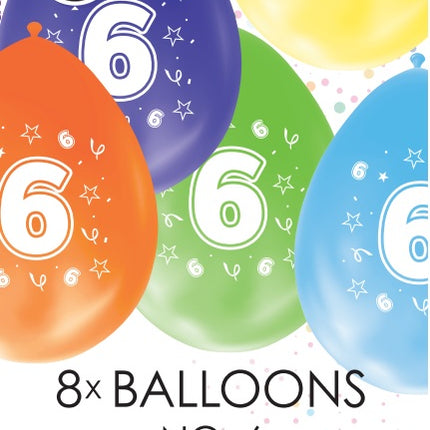 Gekleurde Cijfer Ballonnen 6 Jaar – 8 Stuks (12 Inch / Dubbelzijdig Bedrukt)