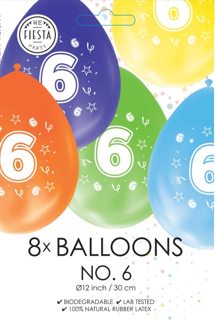 Gekleurde Cijfer Ballonnen 6 Jaar – 8 Stuks (12 Inch / Dubbelzijdig Bedrukt)