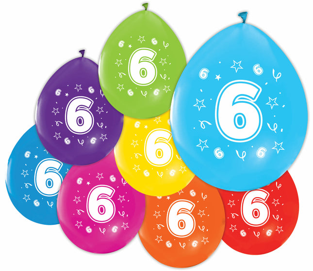 Gekleurde Cijfer Ballonnen 6 Jaar – 8 Stuks (12 Inch / Dubbelzijdig Bedrukt)