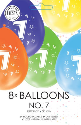 Gekleurde Cijfer Ballonnen 7 Jaar – 8 Stuks (12 Inch / Dubbelzijdig Bedrukt)