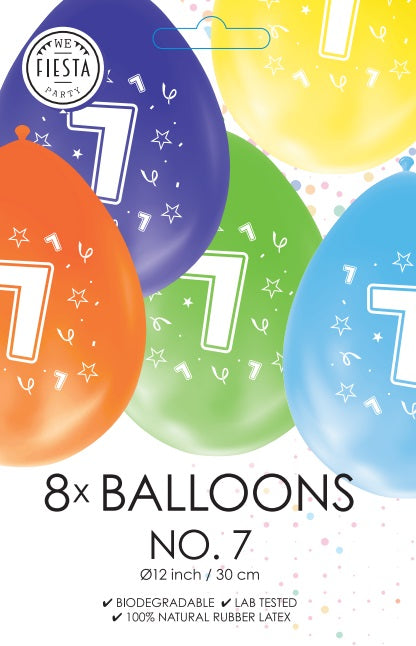 Gekleurde Cijfer Ballonnen 7 Jaar – 8 Stuks (12 Inch / Dubbelzijdig Bedrukt)