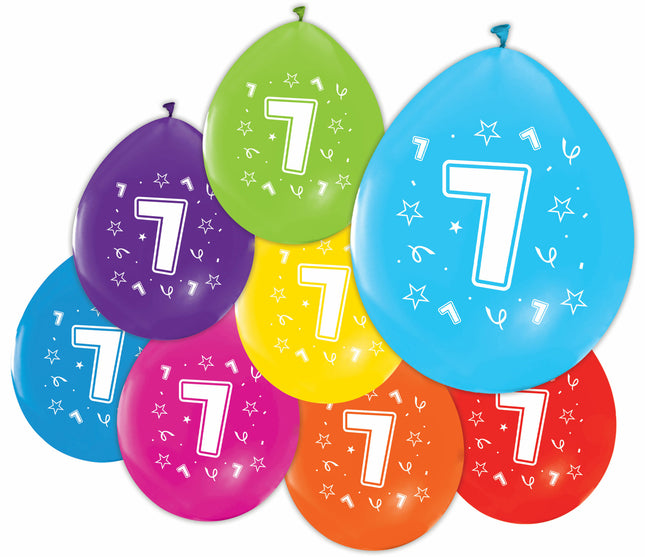 Gekleurde Cijfer Ballonnen 7 Jaar – 8 Stuks (12 Inch / Dubbelzijdig Bedrukt)