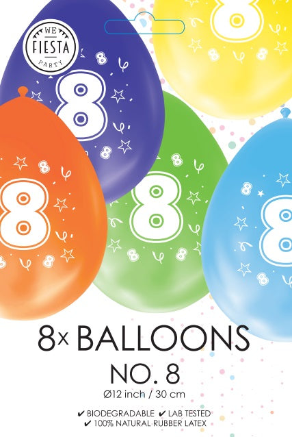 Gekleurde Cijfer Ballonnen 8 Jaar – 8 Stuks (12 Inch / Dubbelzijdig Bedrukt)