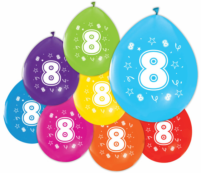 Gekleurde Cijfer Ballonnen 8 Jaar – 8 Stuks (12 Inch / Dubbelzijdig Bedrukt)