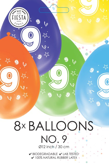 Gekleurde Cijfer Ballonnen 2 Jaar – 9 Stuks (12 Inch / Dubbelzijdig Bedrukt)