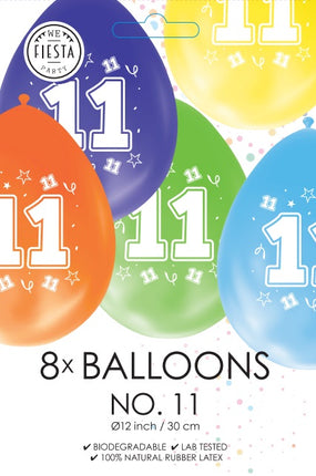 Gekleurde Cijfer Ballonnen 11 Jaar – 8 Stuks (12 Inch / Dubbelzijdig Bedrukt)