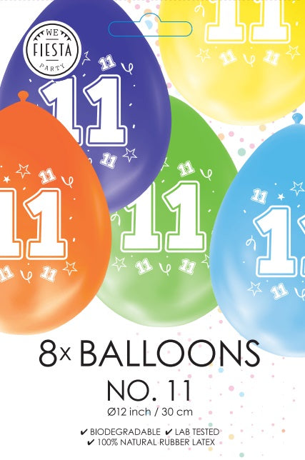 Gekleurde Cijfer Ballonnen 11 Jaar – 8 Stuks (12 Inch / Dubbelzijdig Bedrukt)
