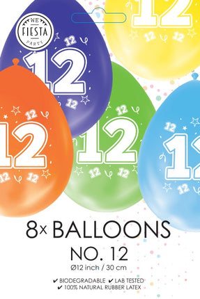 Gekleurde Cijfer Ballonnen 12 Jaar – 8 Stuks (12 Inch / Dubbelzijdig Bedrukt)