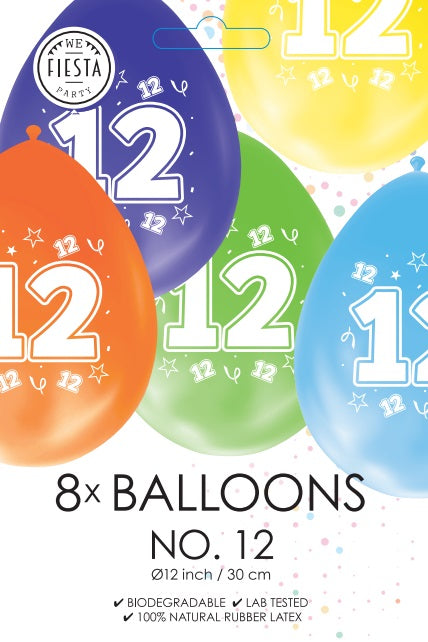 Gekleurde Cijfer Ballonnen 12 Jaar – 8 Stuks (12 Inch / Dubbelzijdig Bedrukt)
