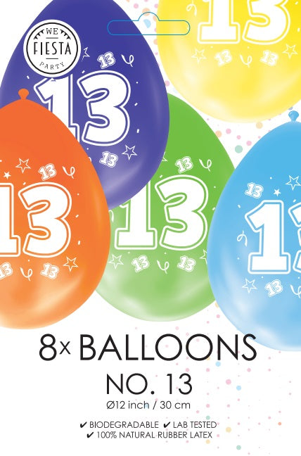 Gekleurde Cijfer Ballonnen 13 Jaar – 8 Stuks (12 Inch / Dubbelzijdig Bedrukt)